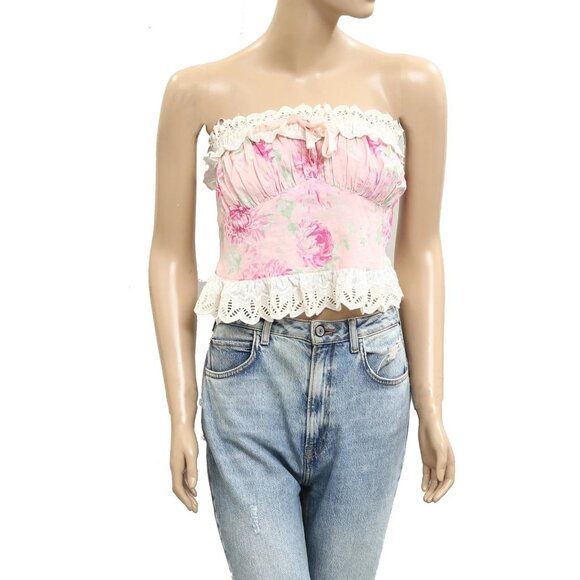 Free People Dolly Tube Cropped Top Floral Printed Smocked Ruched Lace S 283536 - Picture 3 of 7
